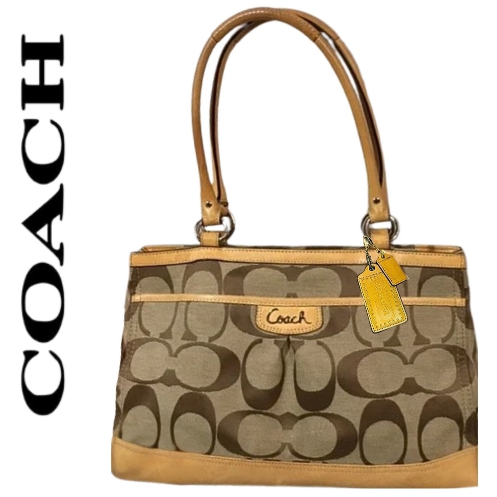 Coach Canvas Leather Tan Brown Signature Logo Shoulder Bag EUC